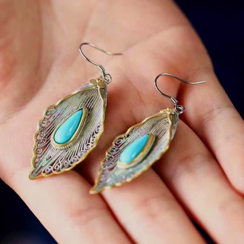 Nimara Ritual 925 Sterling Silver Turquoise Bodhi Leaf Pattern Protection Drop Dangle Earrings