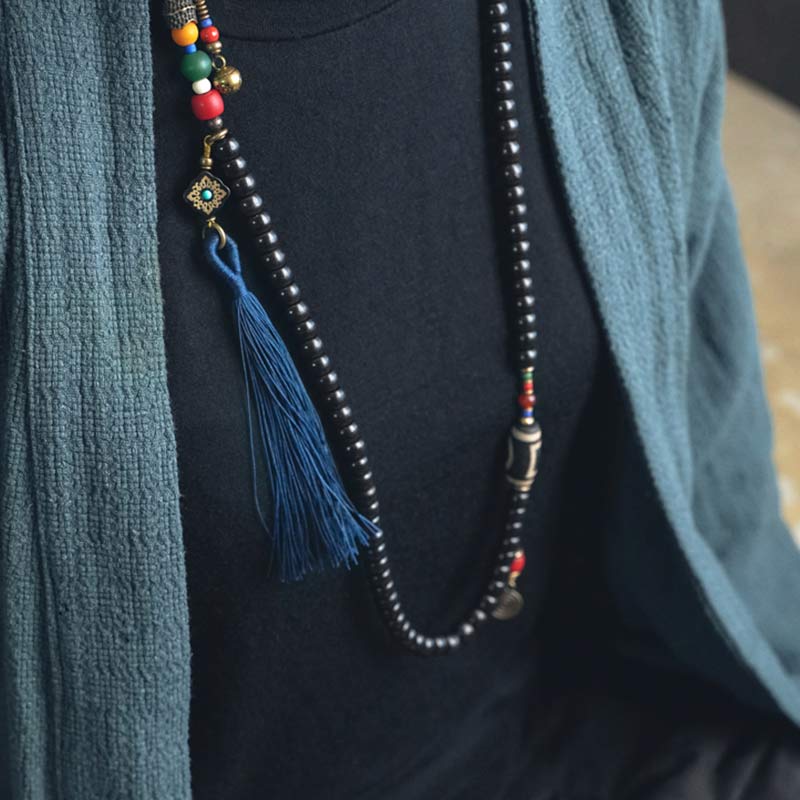 Nimara Ritual 108 Beads Mala Ebony Wood Dzi Bead Copper Balance Tassel Bracelet