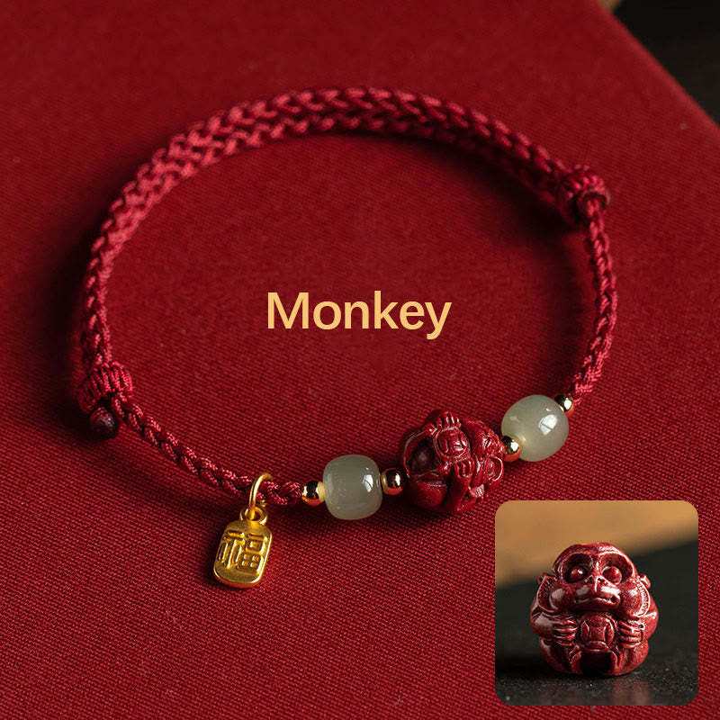 Nimara Ritual Natural Cinnabar Chinese Zodiac Hetian Jade Fu Character Luck Rope Bracelet