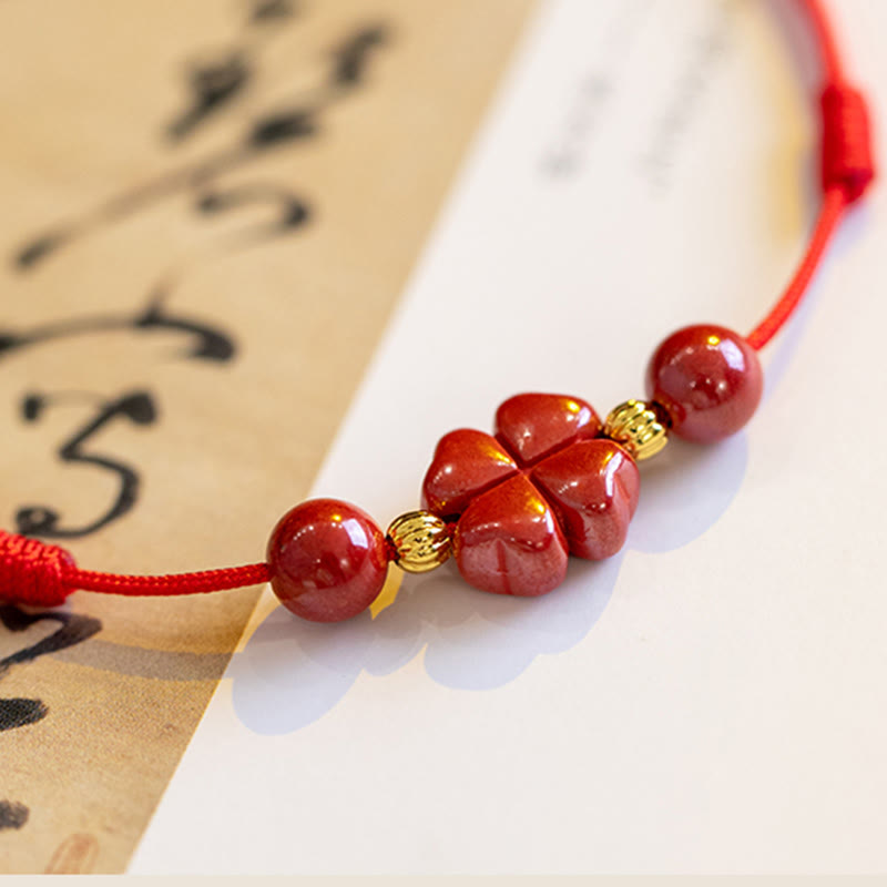 Nimara Ritual Four Leaf Clover Cinnabar Blessing Calm String Bracelet Anklet