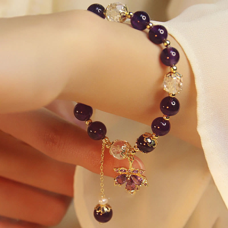 Nimara Ritual 14k Gold Plated Natural Amethyst Healing Maple Leaf Charm Bracelet