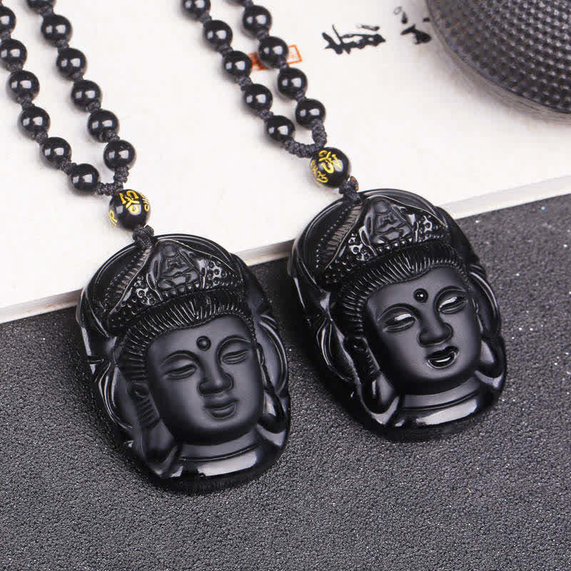 Nimara Ritual Natural Black Obsidian Kwan Yin Avalokitesvara Strength String Necklace Pendant