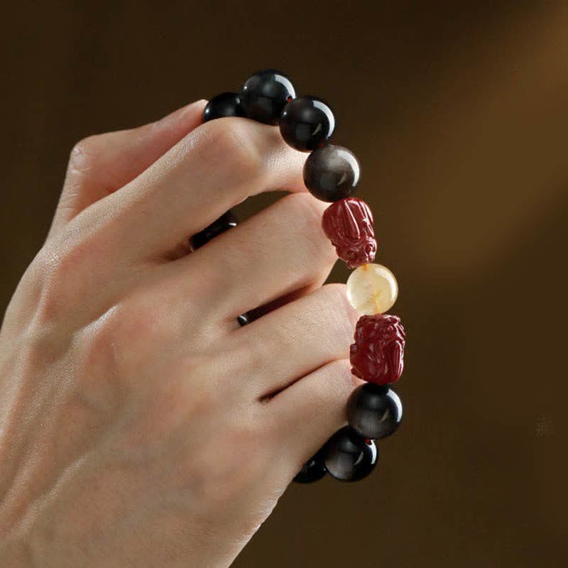 Nimara Ritual Gold Sheen Obsidian PiXiu Cinnabar Om Mani Padme Hum Protection Bracelet