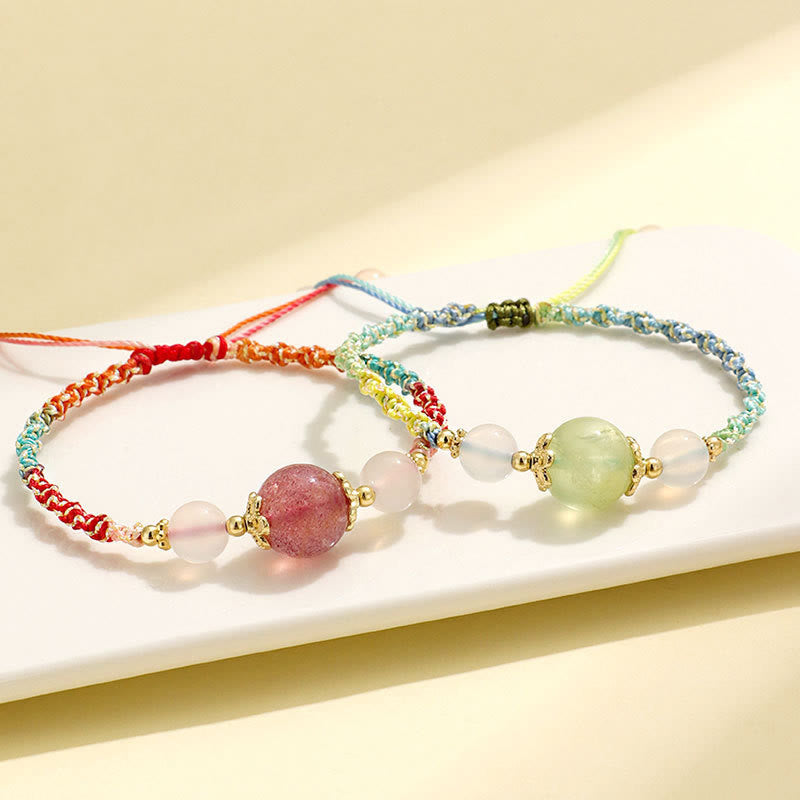 Nimara Ritual Strawberry Quartz Pink Crystal Prehnite White Agate Bead Healing Rope Bracelet