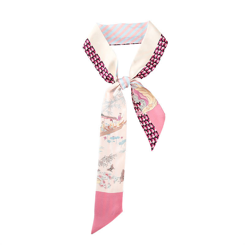 Nimara Ritual Dunhuang Frescoes Mountains Sunset Floral Pattern 100% Mulberry Twilly Silk Neck Hair Scarf