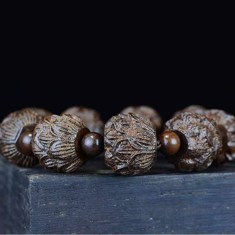 Nimara Ritual Ebony Wood Eighteen Arhats Lotus Dragon Engraved Balance Bracelet
