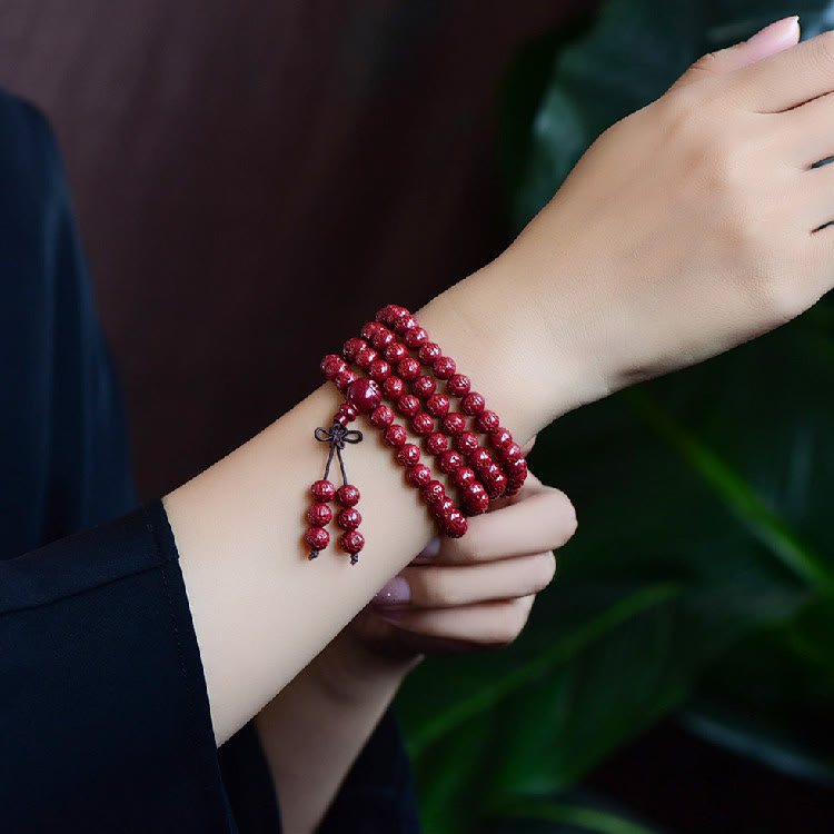 Nimara Ritual 108 Mala Beads Cinnabar Om Mani Padme Hum Pattern Engraved Blessing Bracelet