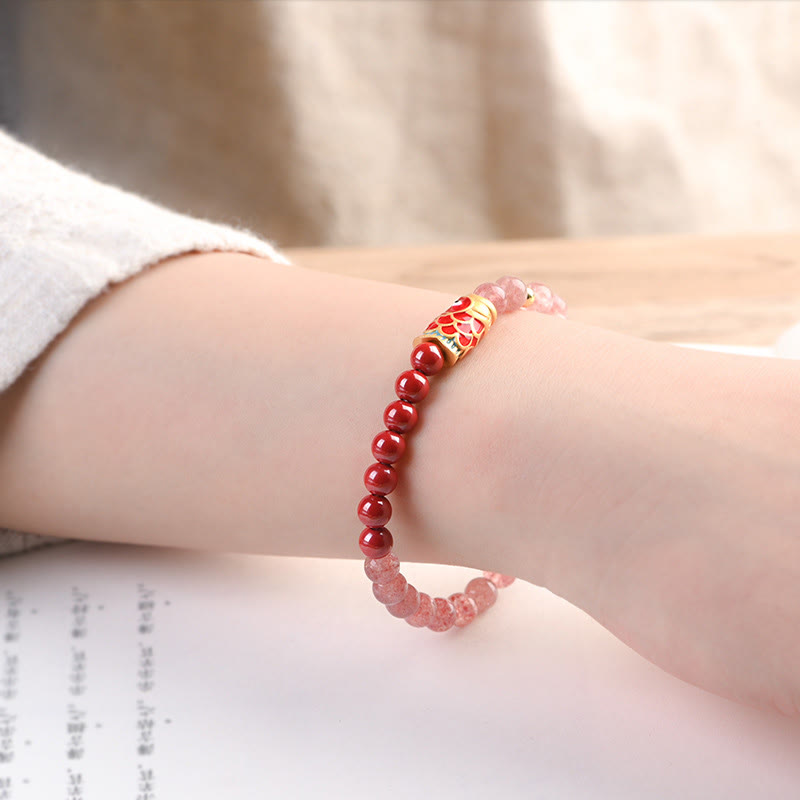 Nimara Ritual Natural Strawberry Quartz Cinnabar Lucky Koi Fish Healing Bracelet