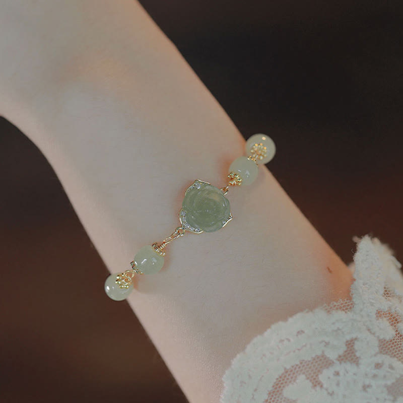 Nimara Ritual 14K Gold Plated Hetian Jade Rose Flower Luck Chain Bracelet