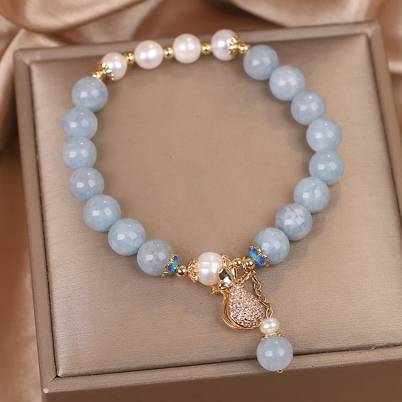 Nimara Ritual Aquamarine Pearl Fortune Money Bag Charm Bracelet