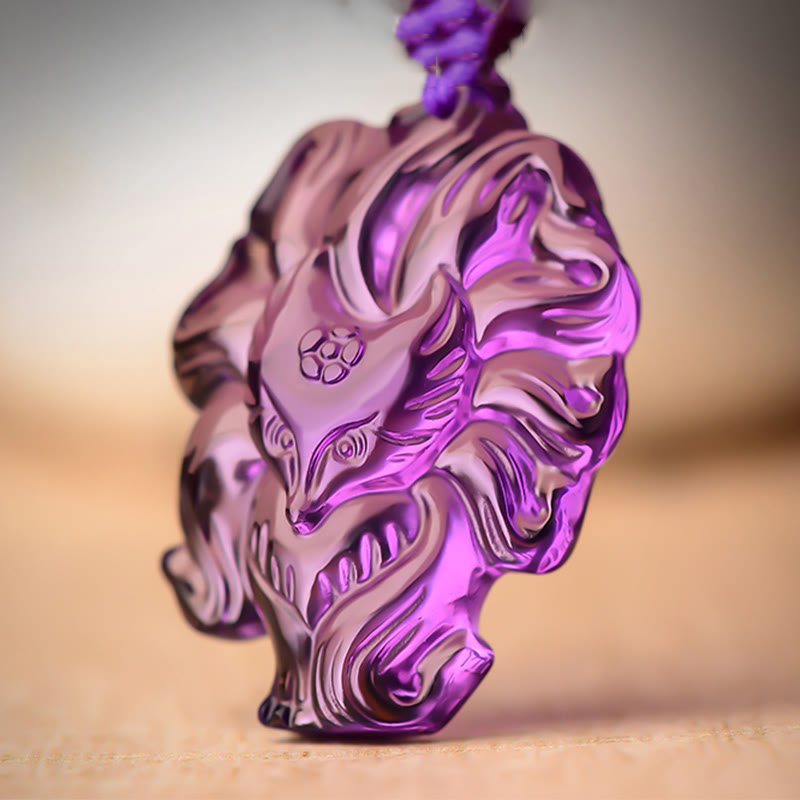 Nimara Ritual Natural Amethyst White Crystal Citrine Nine Tailed Fox Luck Necklace Pendant