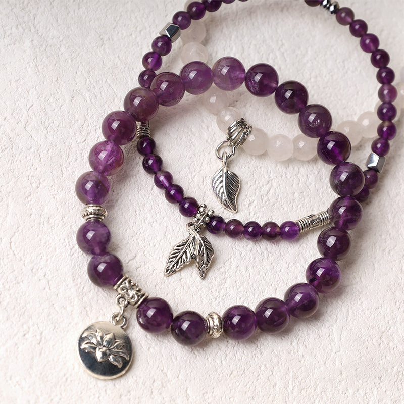 Nimara Ritual 3PCS Natural Quartz Crystal Beaded Healing Energy Lotus Bracelet
