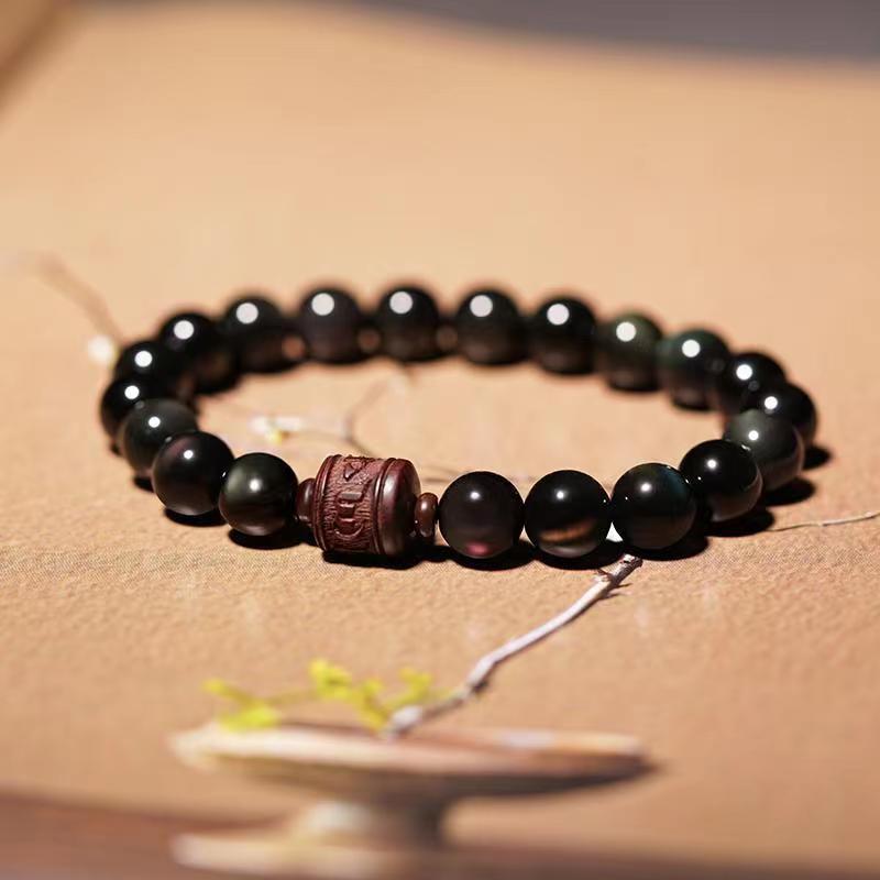 Nimara Ritual Natural Gold Sheen Obsidian Rainbow Obsidian Om Mani Padme Hum Fu Character Healing Bracelet