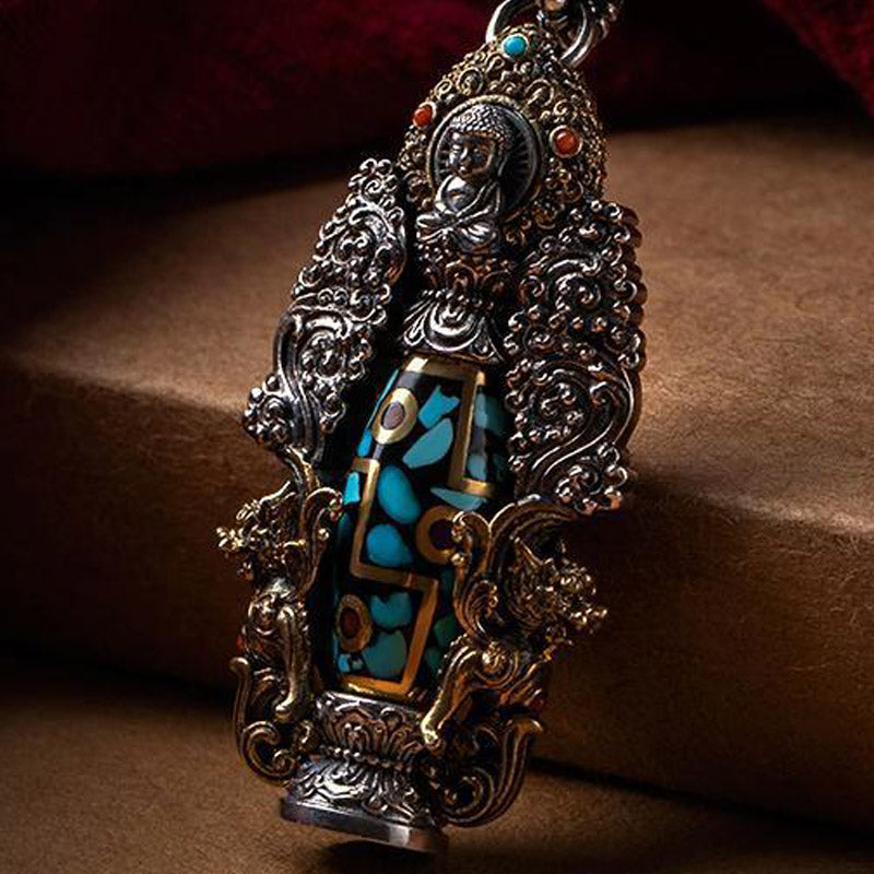 Nimara Ritual Tibetan Nine-Eye Dzi Bead Turquoise Buddha Wealth Rotation Necklace