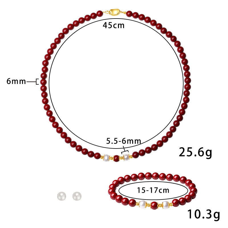 Nimara Ritual 925 Sterling Silver Natural Cinnabar Pearl Blessing Necklace Pendant Bracelet Earrings Jewelry Set