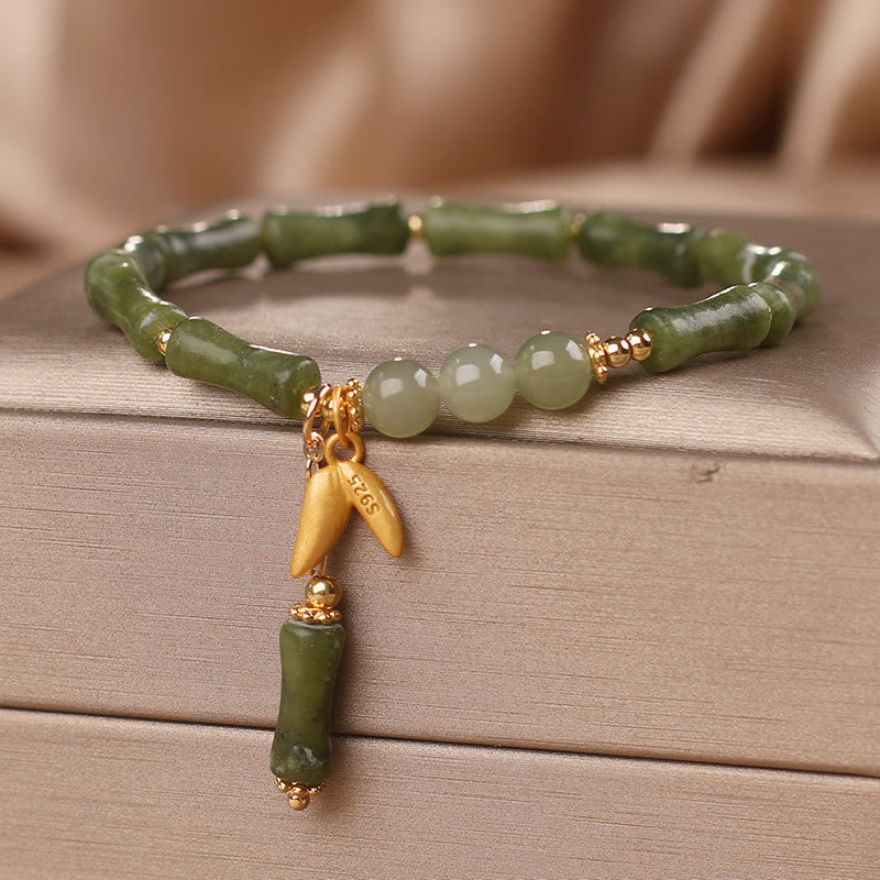 Nimara Ritual Green Bamboo Jade Leaf Pattern Wealth Luck Bracelet