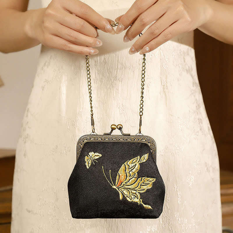 Nimara Ritual Orchids Oriental Cherry Butterfly Embroidery Metal Handle Handbag