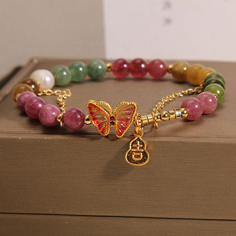 Nimara Ritual Natural Colorful Tourmaline Butterfly Auspicious Character Gourd Charm Positive Bracelet