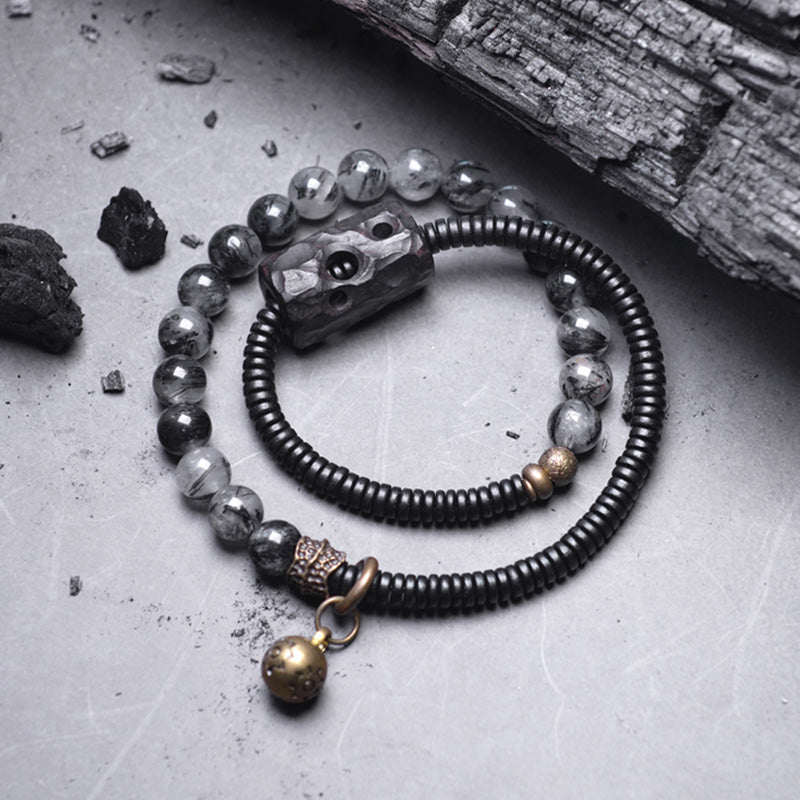 Nimara Ritual Black Rutilated Quartz Ebony Wood Copper Wisdom Couple Bracelet