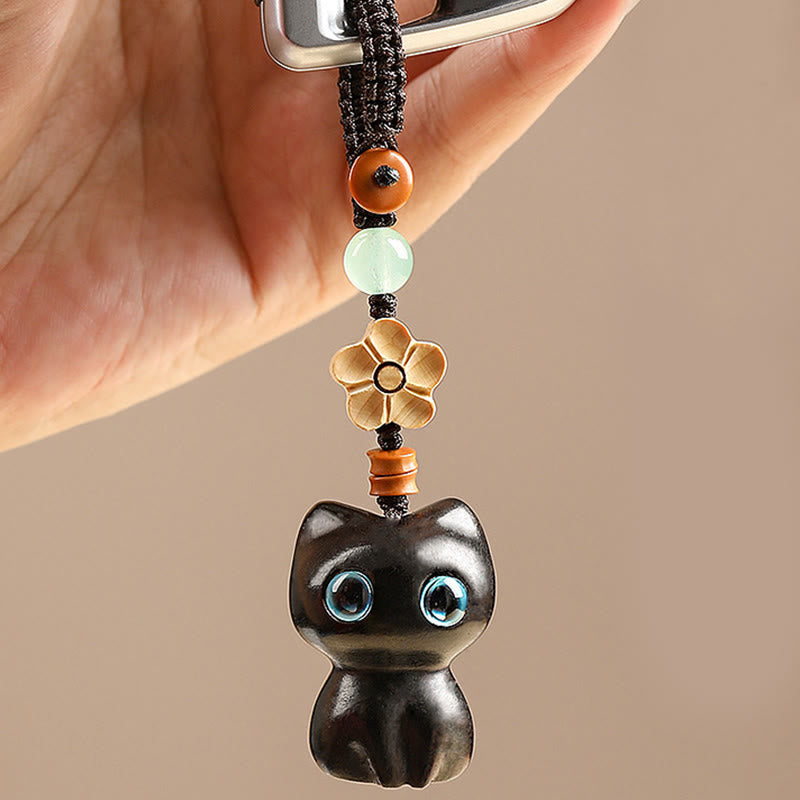 Nimara Ritual Mini Small Leaf Red Sandalwood Ebony Wood Lucky Cat Lovely Kitty Peace Key Chain Phone Hanging Decoration