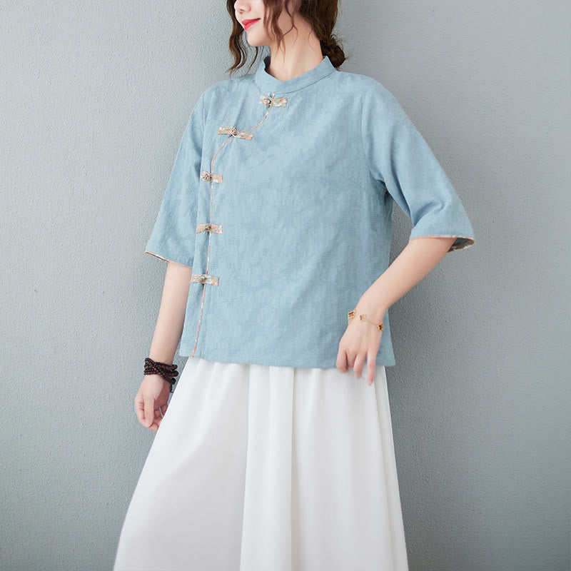Nimara Ritual Floral Pattern Frog-Button Half Sleeve Cotton Linen Shirt