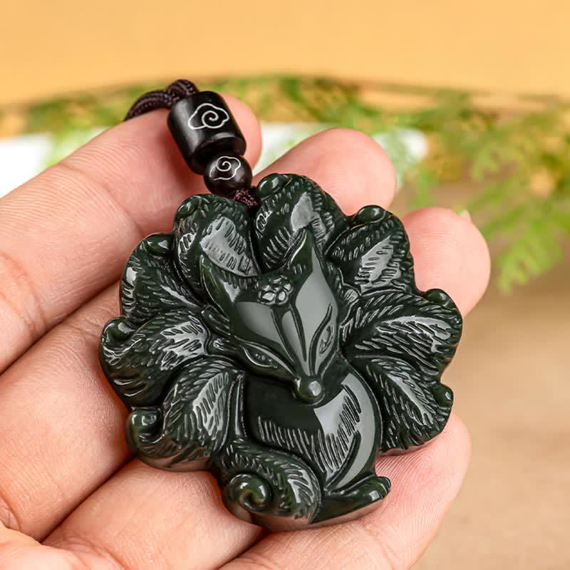 Nimara Ritual Hetian Cyan Jade Nine Tailed Fox Luck Necklace String Pendant