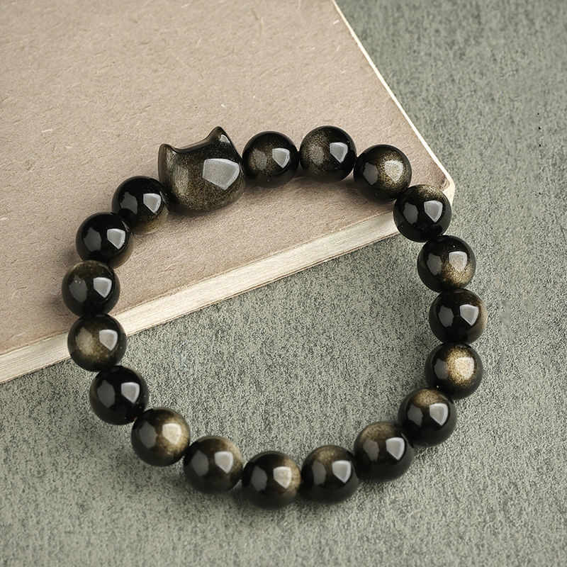 Nimara Ritual Gold Sheen Obsidian Silver Sheen Obsidian Lovely Paw Lucky Cat Protection Bracelet