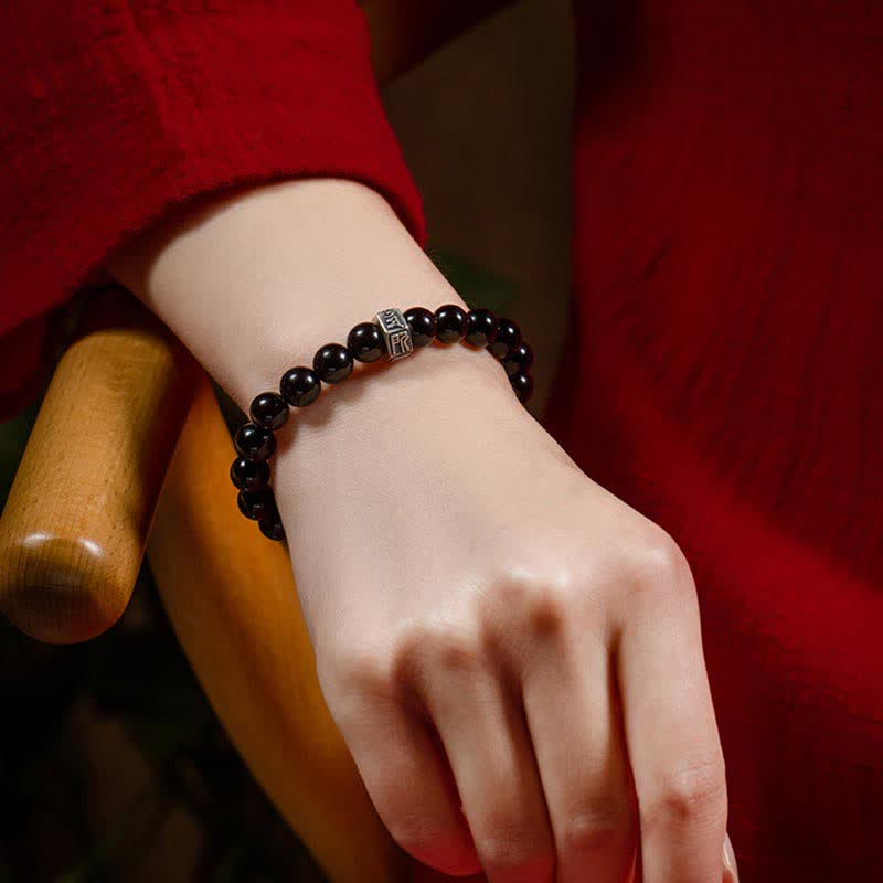 Nimara Ritual Chinese Zodiac Natal Buddha 925 Sterling Silver Black Obsidian Moonstone Strength Bracelet
