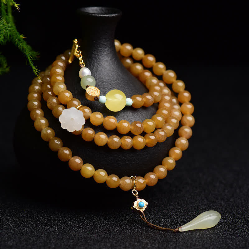 Nimara Ritual Natural Hetian Topaz Amber Lotus White Jade Pearl Success Bracelet
