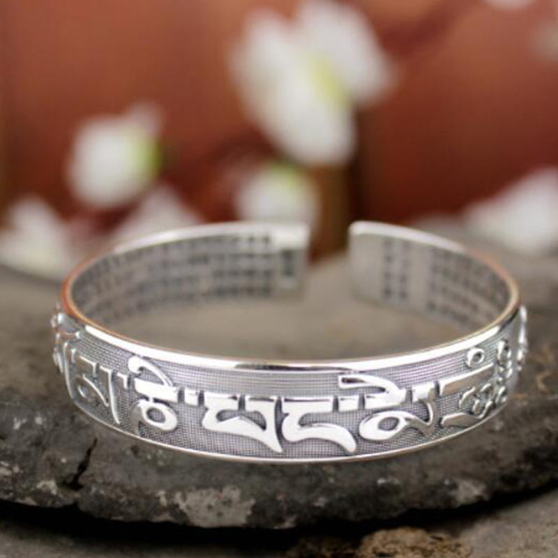 Nimara Ritual Tibetan Sanskrit White Copper Meditation Prayer Bracelet Bangle