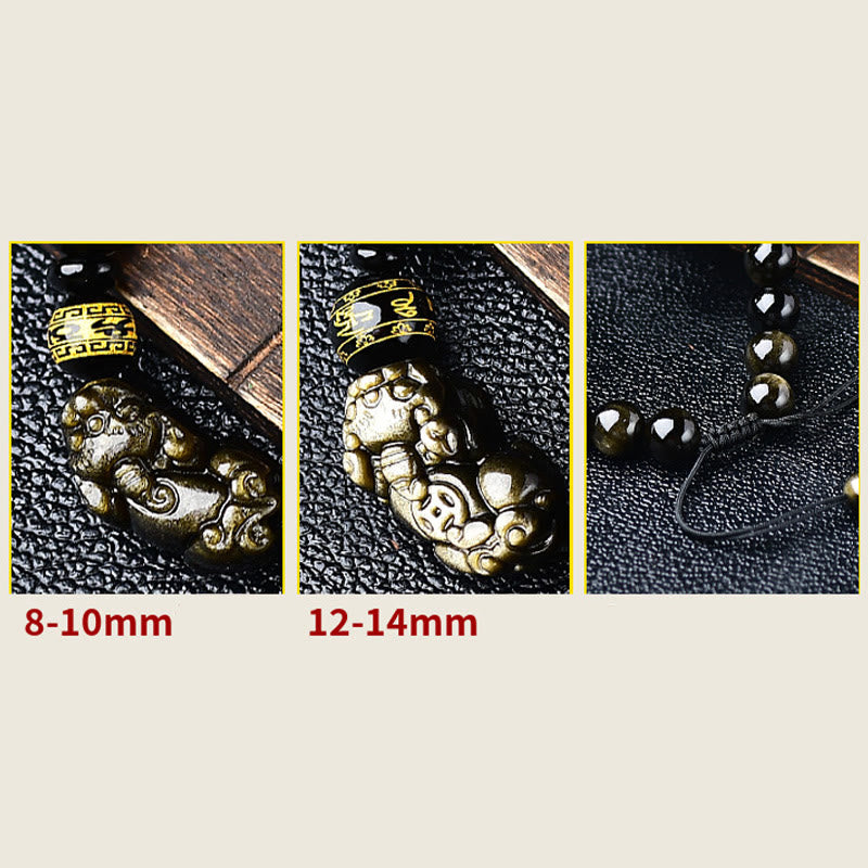 Nimara Ritual Natural Gold Sheen Obsidian PiXiu Om Mani Padme Hum Wealth Braided Bracelet