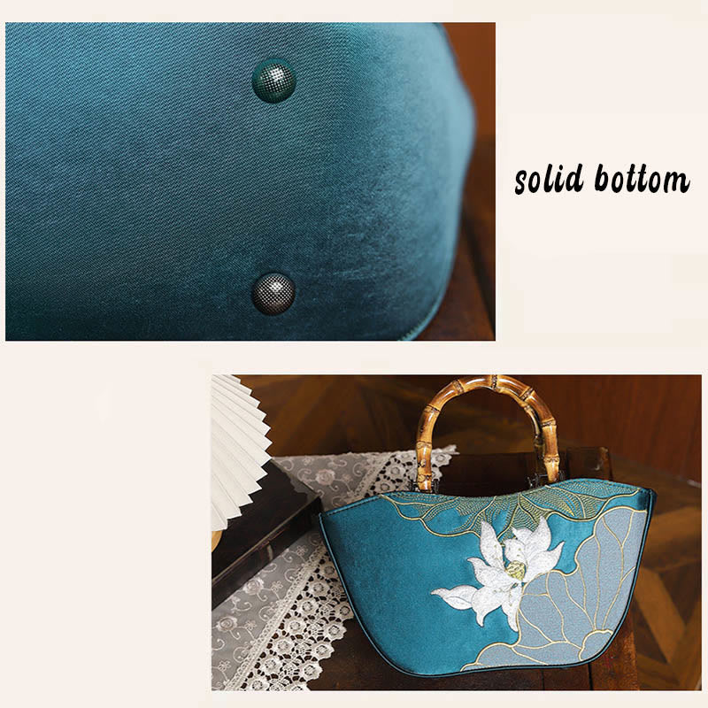 Nimara Ritual Lotus Embroidery Bamboo Handle Handbag