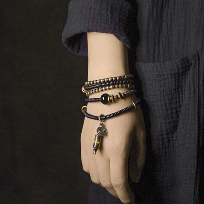 Nimara Ritual Ebony Wood Dzi Bead Copper Peace Couple Bracelet Necklace Pendant