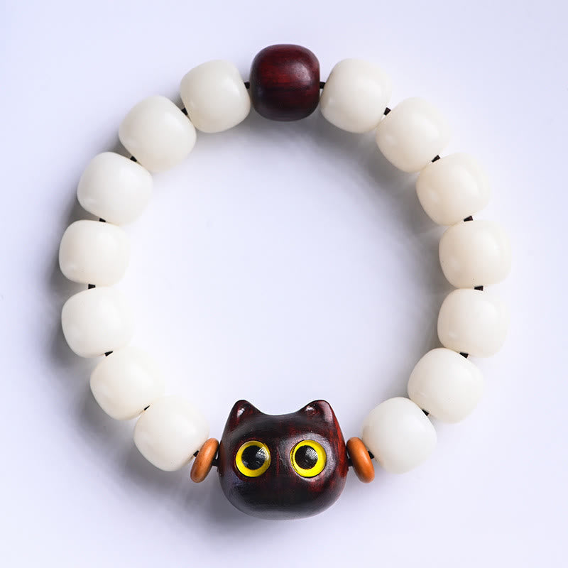 Nimara Ritual Natural Bodhi Seed Small Leaf Red Sandalwood Ebony Wood Cute Lucky Cat Wisdom Bracelet