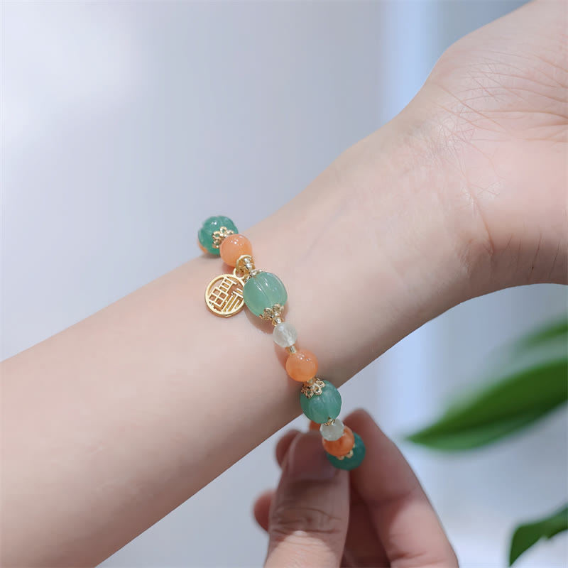 Nimara Ritual Natural Golden Silk Jade Pumpkin Bead Fu Character Charm Wealth Bracelet