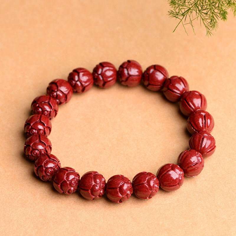 Nimara Ritual Natural Cinnabar Om Mani Padme Hum Fret Pattern Lotus Blessing Bracelet