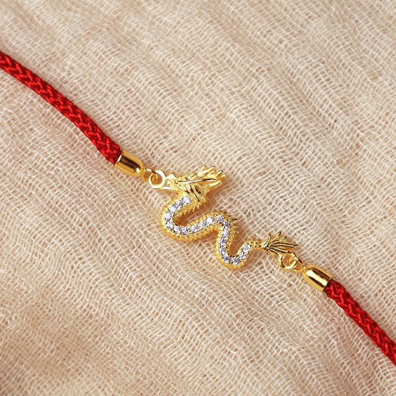 Nimara Ritual 925 Sterling Silver Year Of The Dragon Auspicious Golden Dragon Luck Red Rope Chain Bracelet