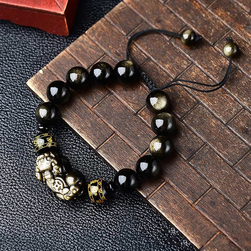 Nimara Ritual Natural Gold Sheen Obsidian PiXiu Om Mani Padme Hum Wealth Braided Bracelet
