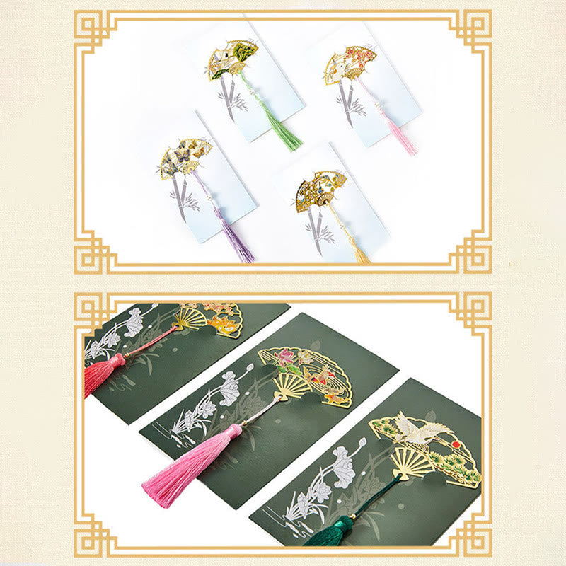 Nimara Ritual Traditional Butterfly Lotus Flower Crane Dragon Phoenix Fox Koi Fish New Beginning Metal Brass Hollow Fan Bookmarks