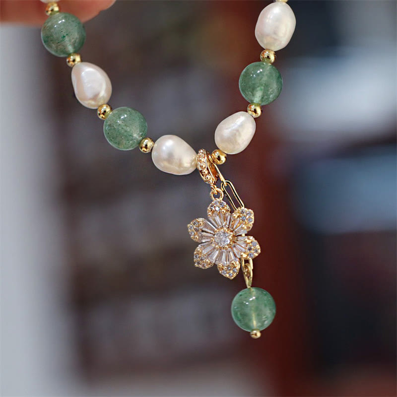 Nimara Ritual Natural Green Strawberry Quartz Pearl Flower Charm Love Bracelet