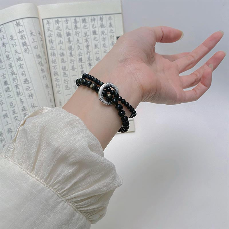 Nimara Ritual 999 Sterling Silver Black Obsidian Fulfillment Strength Double Layer Bracelet