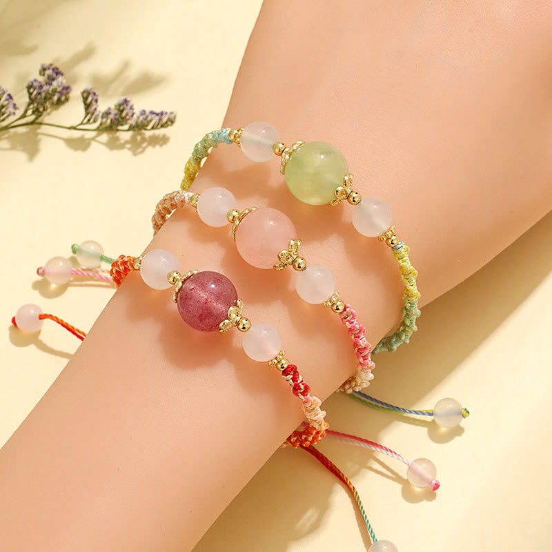 Nimara Ritual Strawberry Quartz Pink Crystal Prehnite White Agate Bead Healing Rope Bracelet