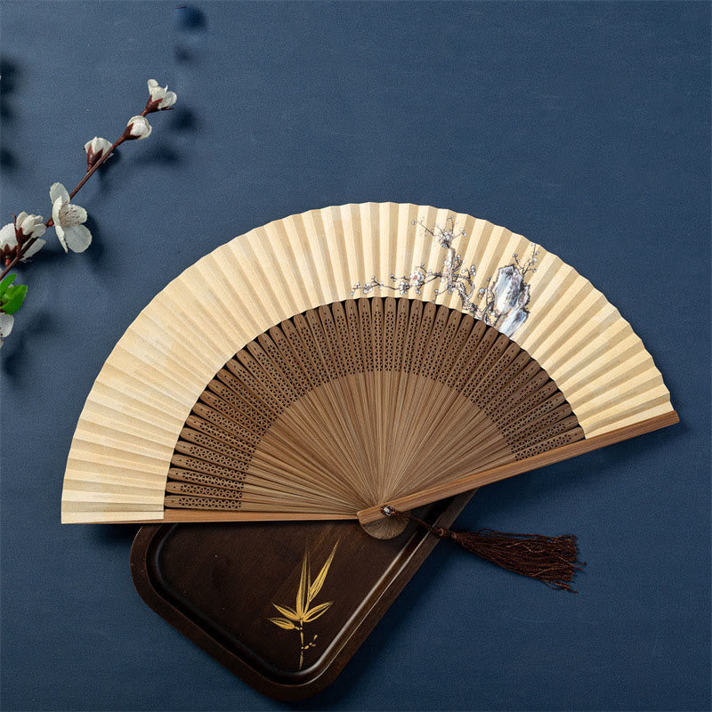 Nimara Ritual Lotus Dragonfly Wild Geese Plum Blossom Handheld Silk Bamboo Folding Fan 22.5cm