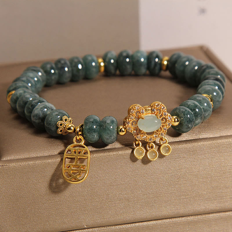 Nimara Ritual Natural Jade Chinese Lock Charm Peace Luck Abundance Bracelet