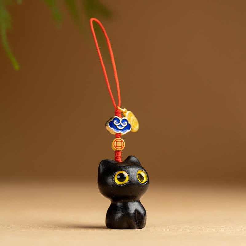 Nimara Ritual Small Leaf Red Sandalwood Ebony Wood Lucky Cat Protection Key Chain Phone Hanging Decoration