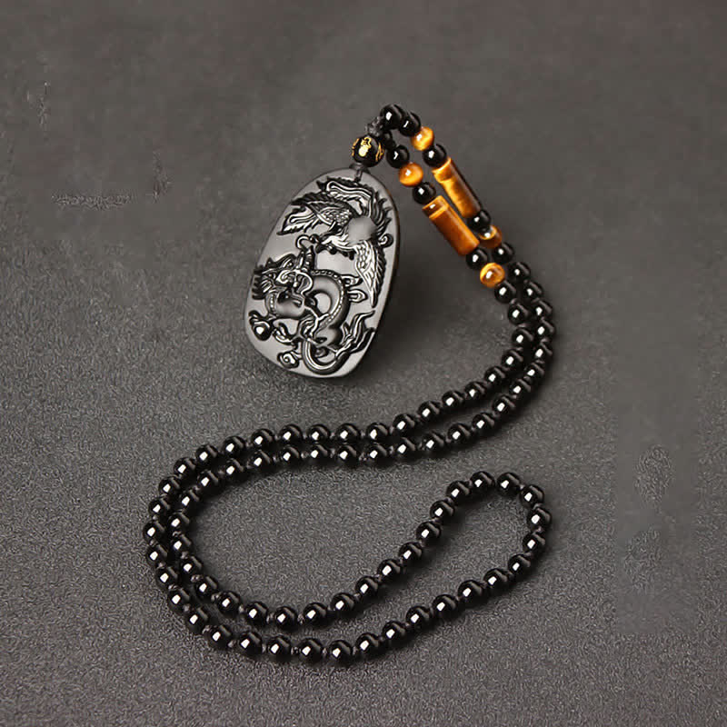 Nimara Ritual Black Obsidian Tiger Eye Dragon Phoenix Protection Beaded Necklace Pendant