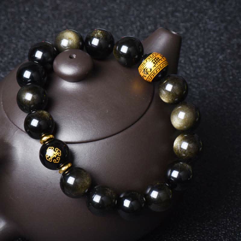 Nimara Ritual Chinese Zodiac Natal Buddha Gold Sheen Obsidian Wealth Protection Bracelet
