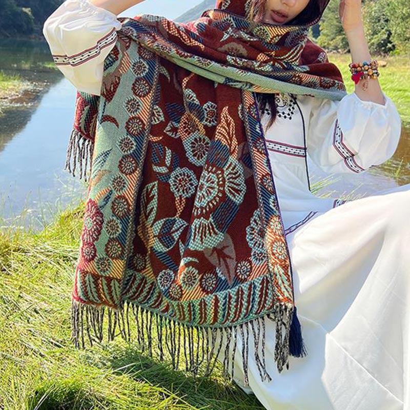 Nimara Ritual Tibetan Flower Floral Leaves Pattern Design Shawl Cozy Travel Scarf Wrap