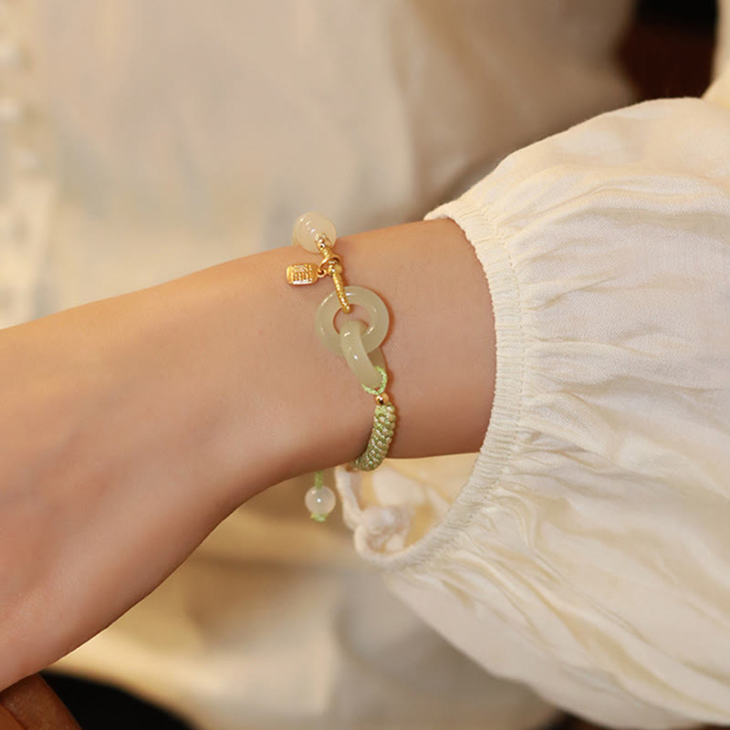 Nimara Ritual Natural Hetian Jade Bead Double Peace Buckle Fu Character Abundance Braided Bracelet