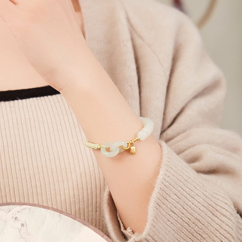 Nimara Ritual Natural Hetian Jade Bead Double Peace Buckle Fu Character Abundance Braided Bracelet